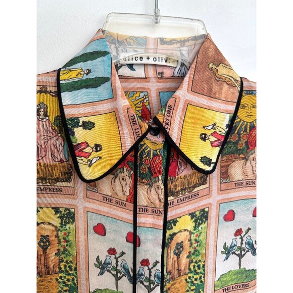 Alice + Olivia Tarot Card Alfie Silk Blouse Collared Top Mystical Print Shirt XS - Picture 5 of 14